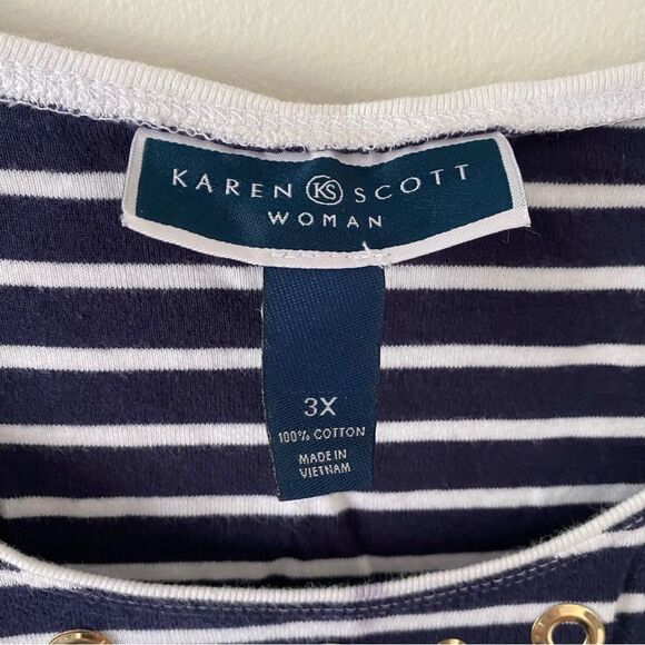 Karen Scott Striped Top with Rivet Detail Navy White Size 3x - Picture 3 of 5